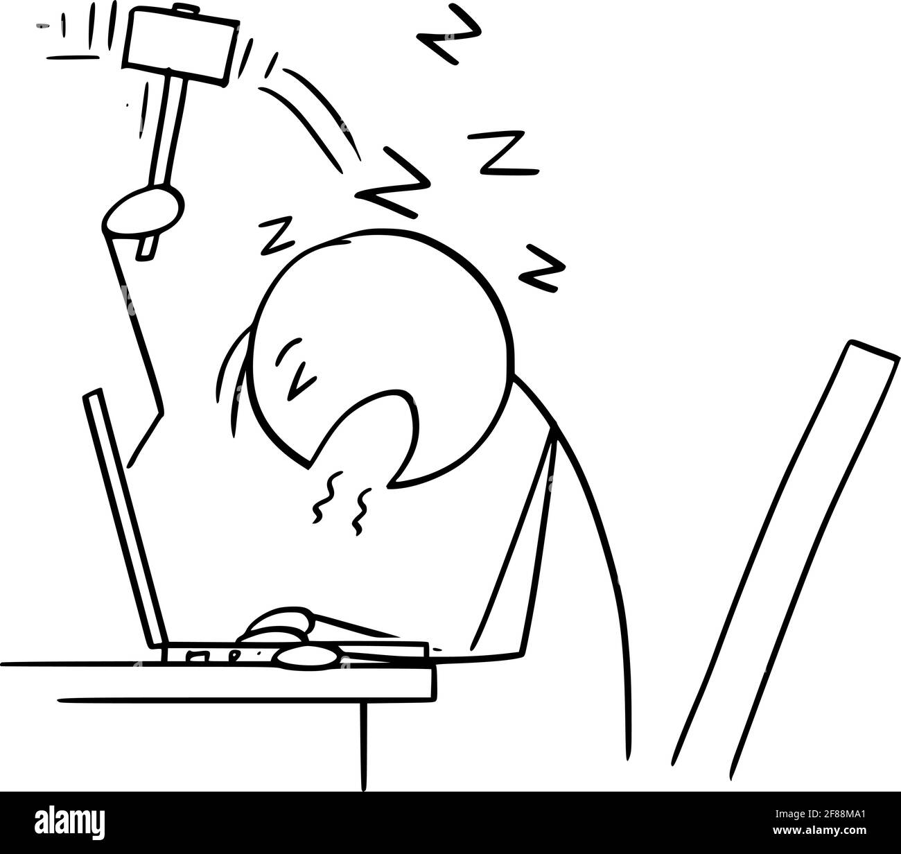 Office Worker or Businessman Sleeping While Working on Computer, Vector Cartoon Stick Figure Illustration Stock Vector