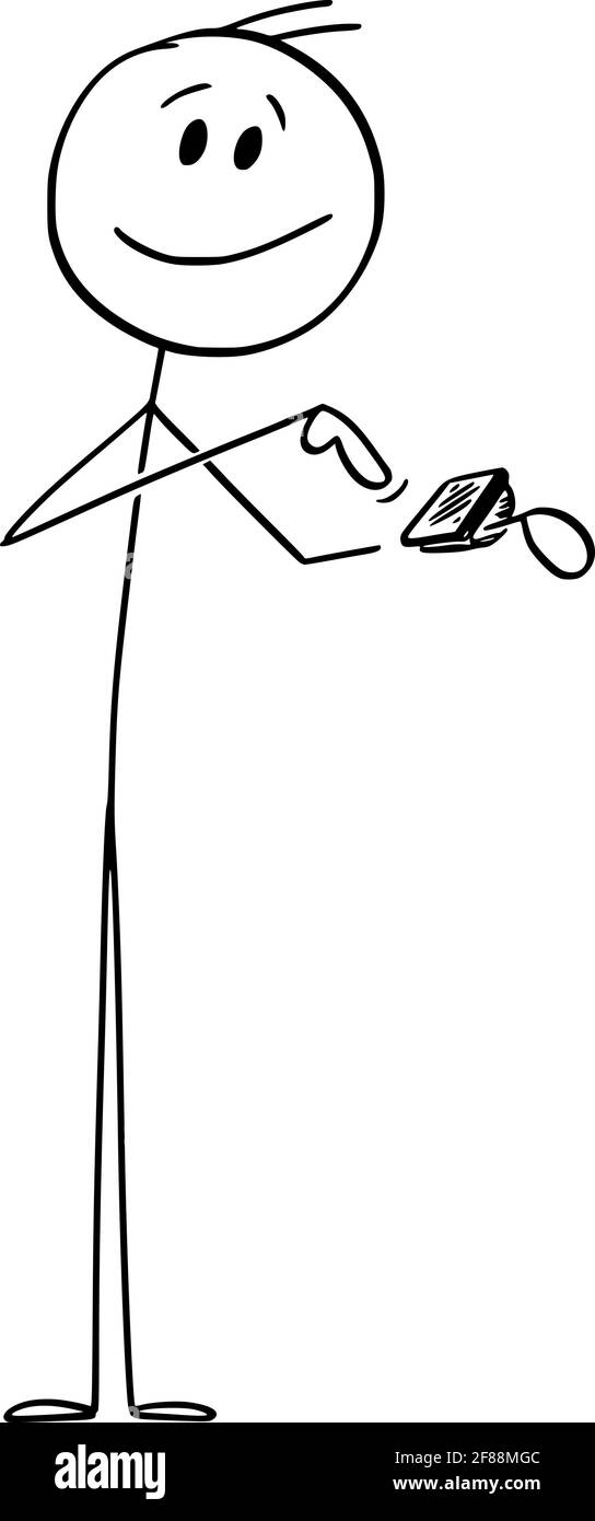 Smiling Man Wearing Smartwatch, Vector Cartoon Stick Figure Illustration Stock Vector
