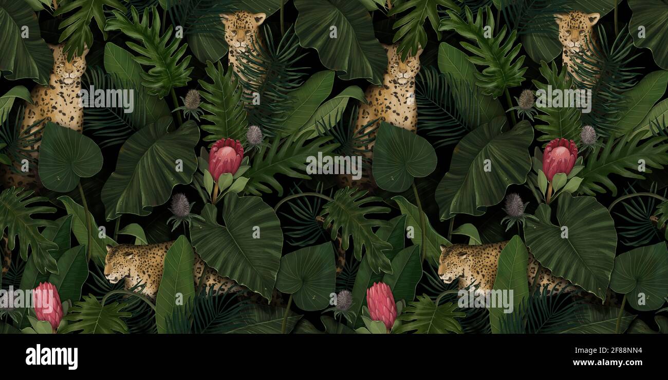 Exotic tropical pattern with leopards in palm leaves with protea flowers. Hand drawing botanical background for wallpaper making, fabric printing Stock Photo