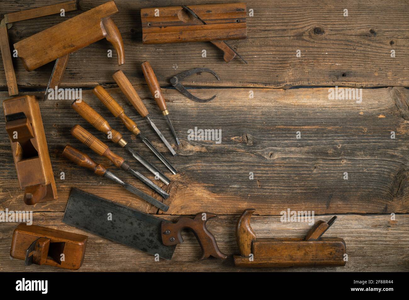 Joinery tools on wood table background with copy space Stock Photo