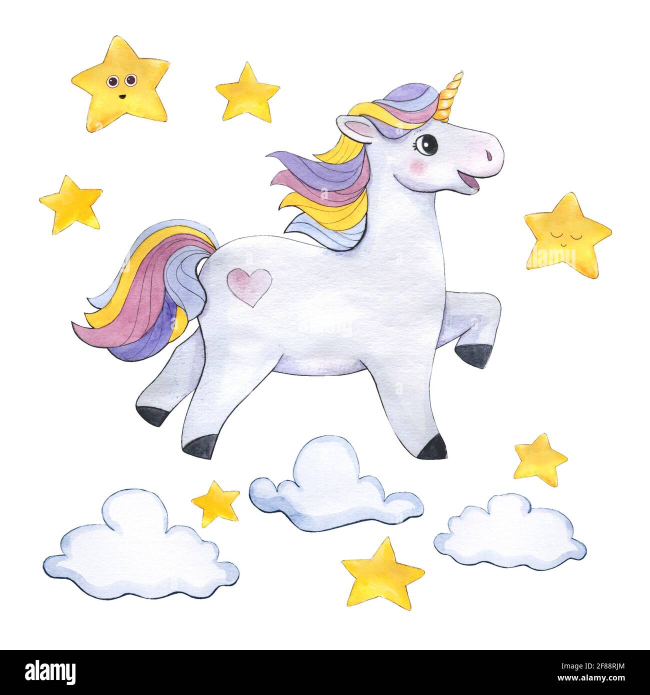 watercolor unicorns with clouds, stars, rainbow Stock Photo