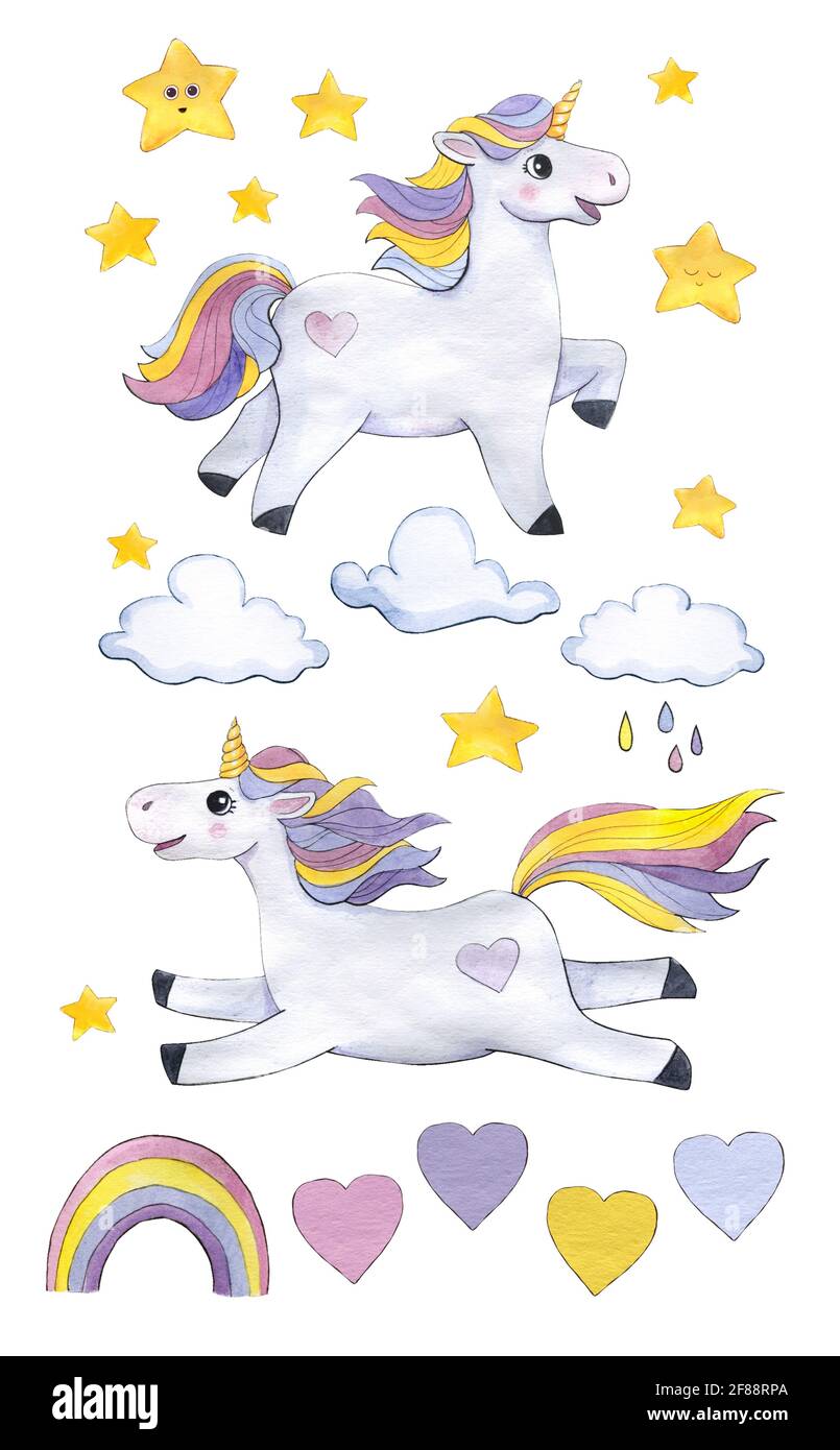 watercolor unicorns with clouds, stars, rainbow Stock Photo