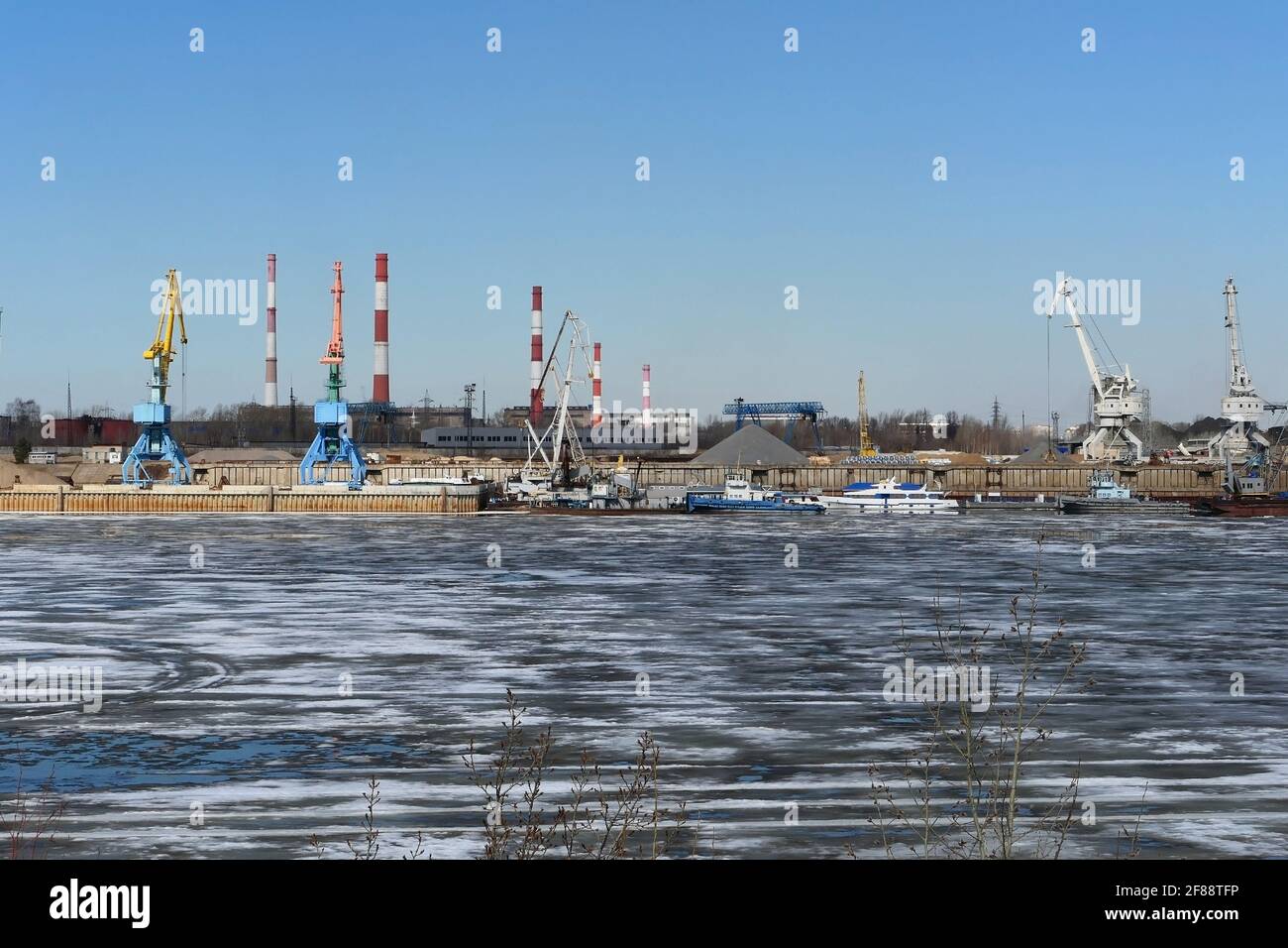 Spring ice on the river. Water and production. Stock Photo
