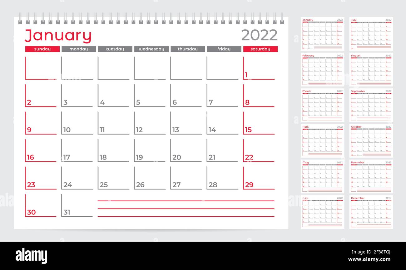 Calendar planner template 2022. Week start from Sunday. Set of 12