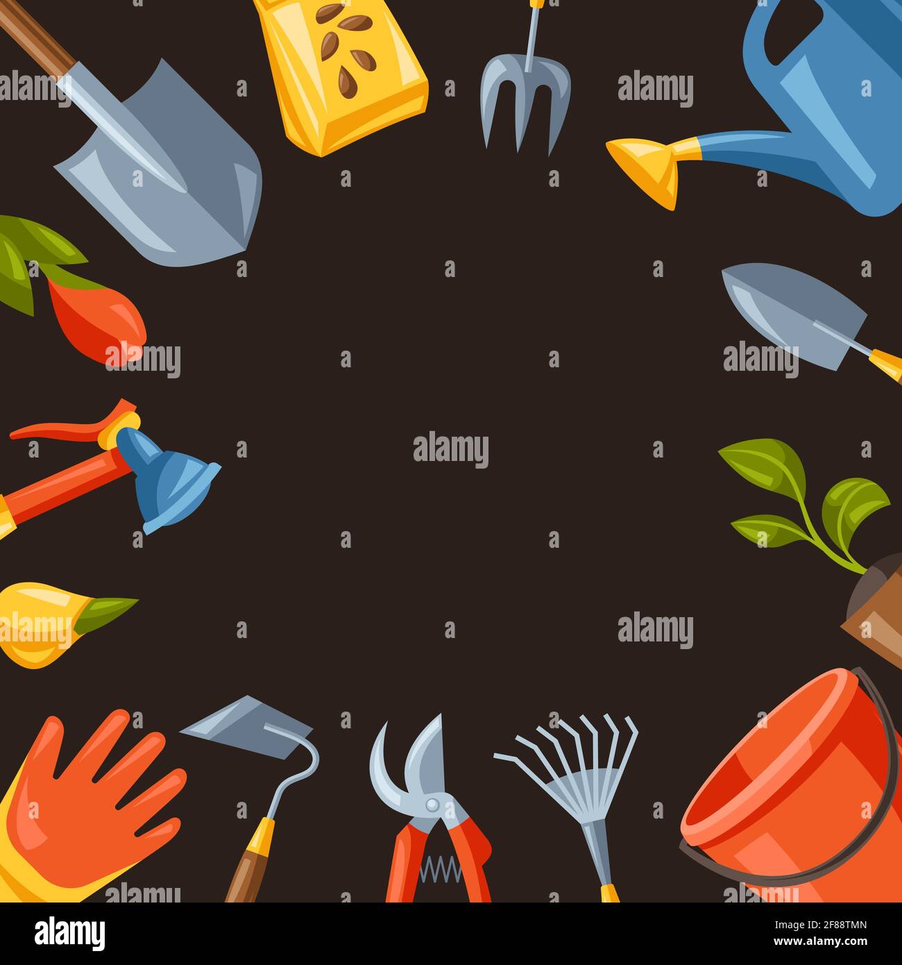Background with garden tools and equipment. Gardening illustration ...