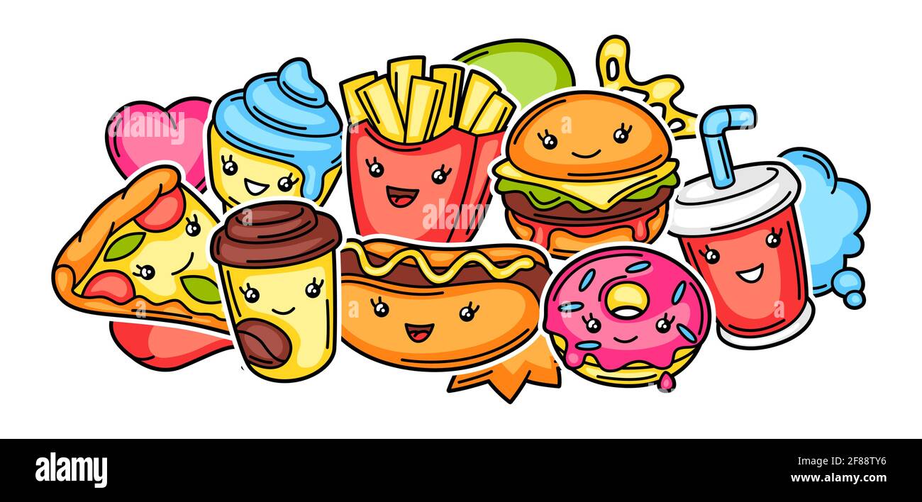 Background with cute kawaii fast food meal. Stock Vector
