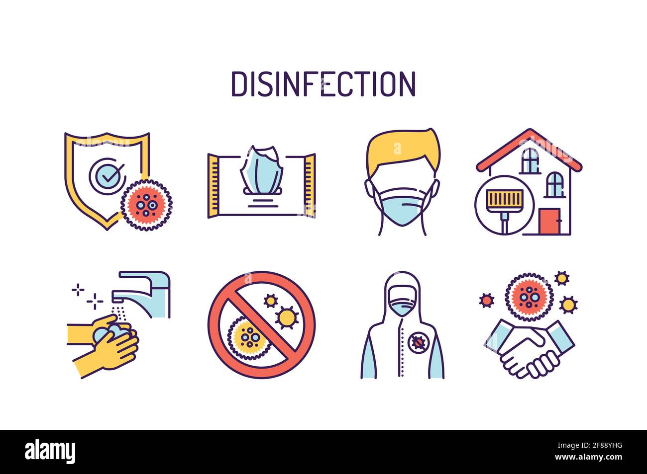 Desinfection color line icons set. Virus protection. Pictograms for web page, mobile app, promo. UI UX GUI design element. Stock Vector