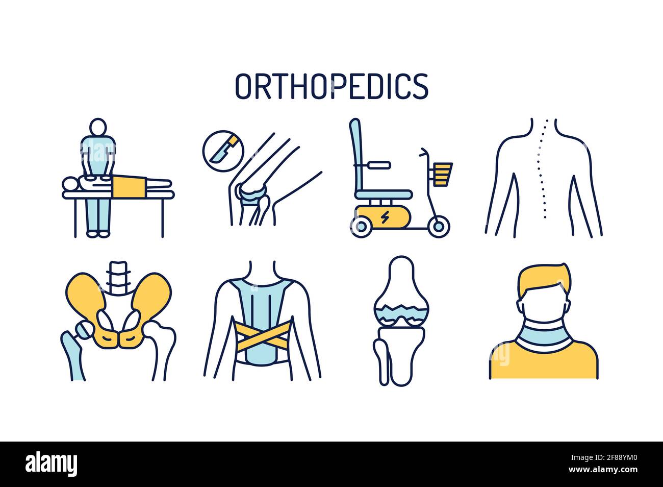 Orthopedics line color icons set. Rehabilitation after injuries. Isolated vector element. Stock Vector