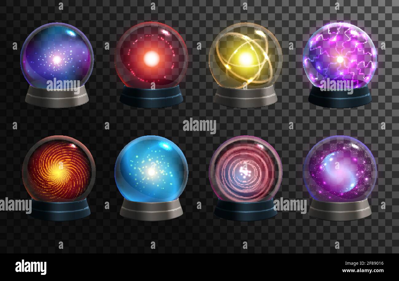 Magic crystal balls on transparent background, vector globes of fortune