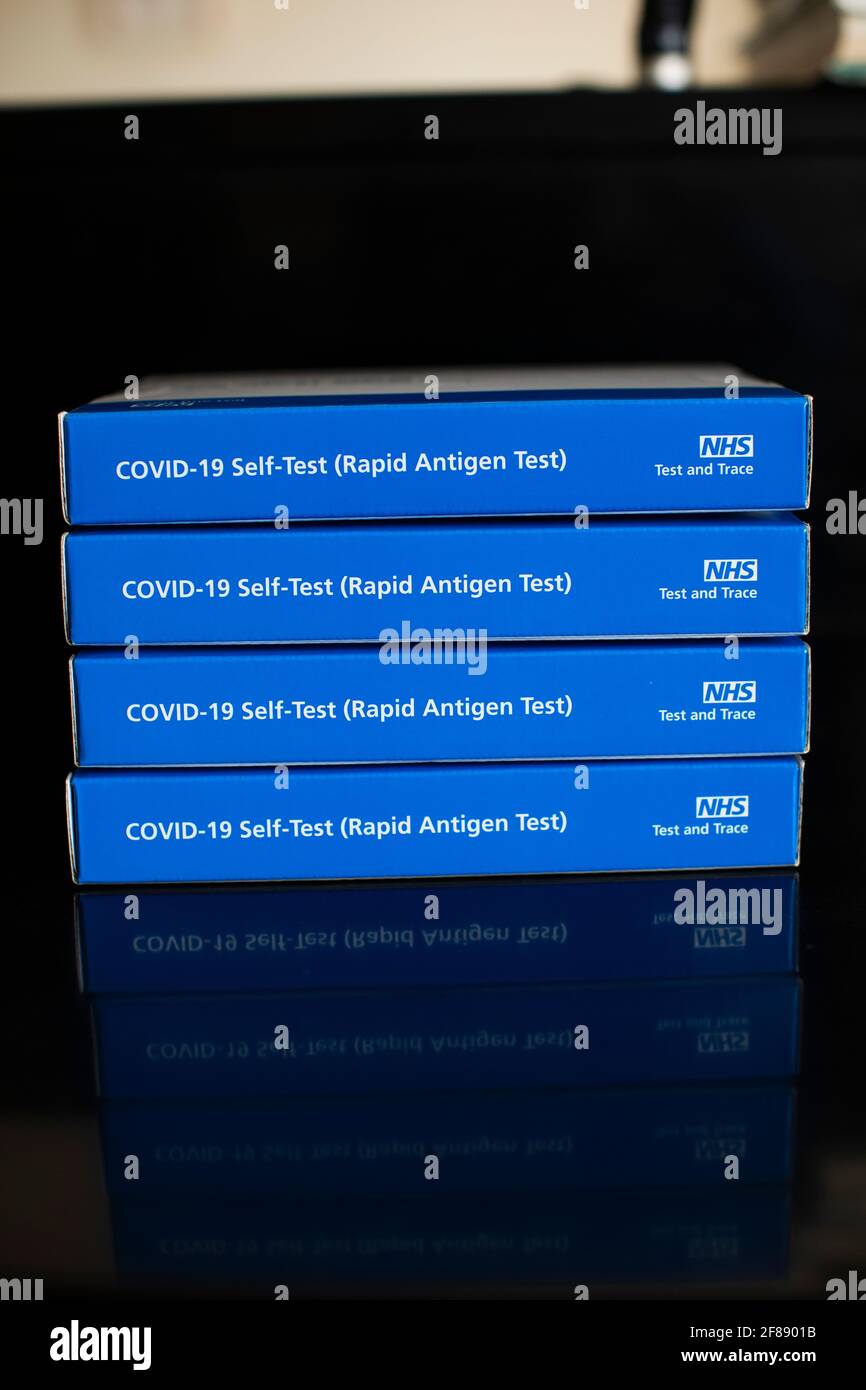 Covid-19 Self-Test ( Rapid Antigen Test ) boxes in the UK. Items are made in China Stock Photo