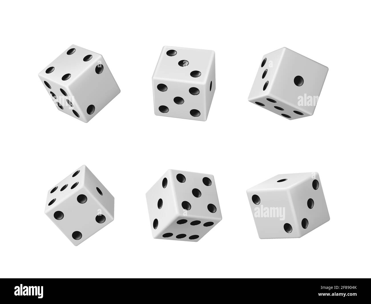 Gambling game dice realistic vector set of casino craps, poker and tabletop board games Isolated white play dice cubes with black dots or pips in diff Stock Vector