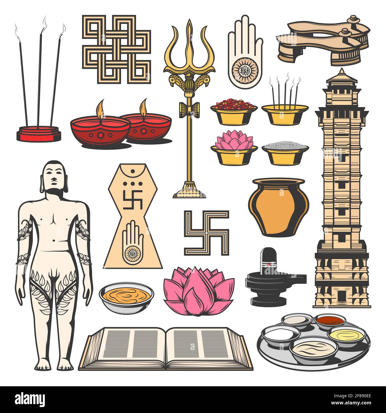 Jainism Indian religion symbols with vector sketches of Jain Dharma, ahimsa and kalash pot. Jain Prateek Chihna, diya lamps, lotus, lingam and shrivat Stock Vector
