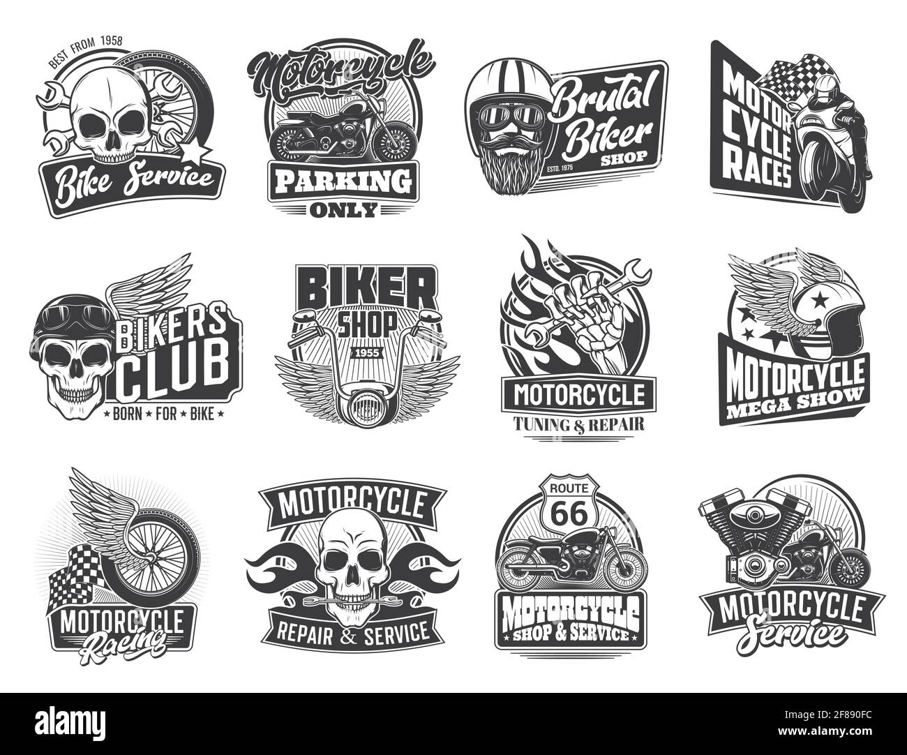 Motorcycle races and biker garage icons, skull and moto wheel on wings vector symbols. Motorcycle racing and chopper bikes show, mechanic repair and t Stock Vector