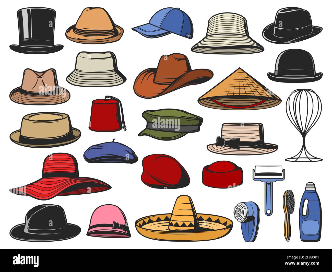 Hats and caps vector. Man and woman headwear icons. Cowboy, Asian straw and cylinder hats, beret, bowler, fedora and beanie, baseball cap, sombrero, c Stock Vector