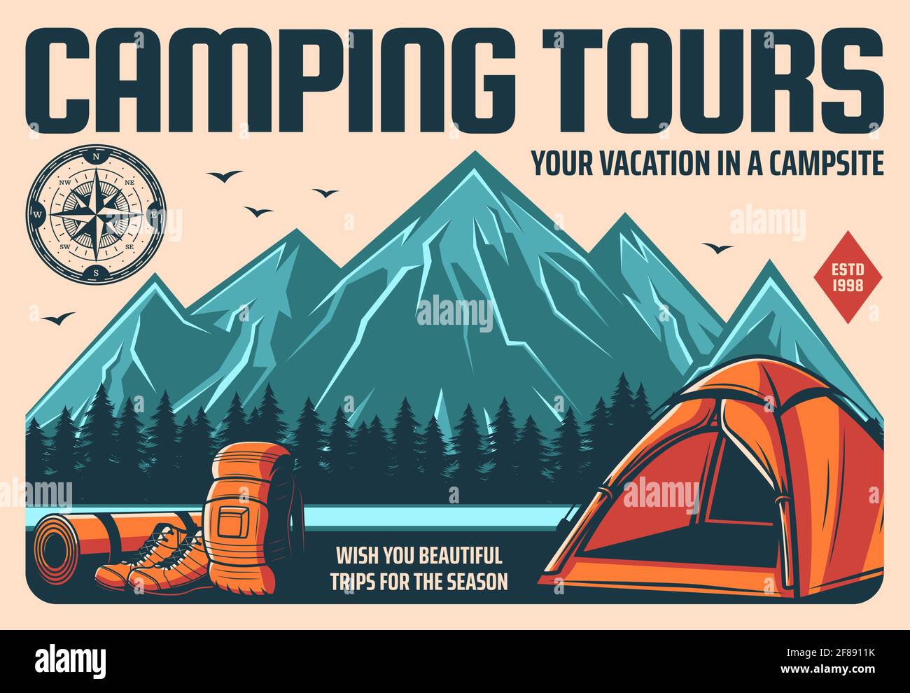 Camping tours and mountain hiking or climbing travel, outdoor tourism,  vector retro poster. Mountain trekking and campsite vacation expedition,  campin Stock Vector Image & Art - Alamy