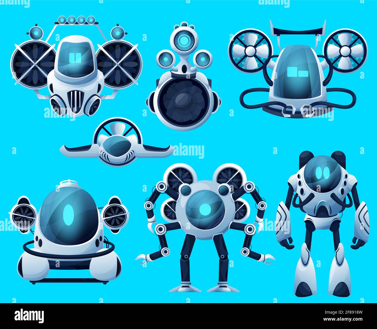 Underwater robots, cartoon submarine sea drone, ocean ROV deep water vehicles. Vector underwater robots, submersible remote control boat and futuristi Stock Vector