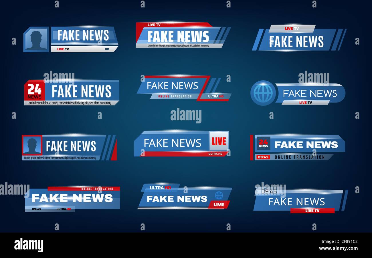 Fake news bars and TV screen lower vector banners. World news titles and headlines of live TV, broadcast video, television or streaming channels, medi Stock Vector