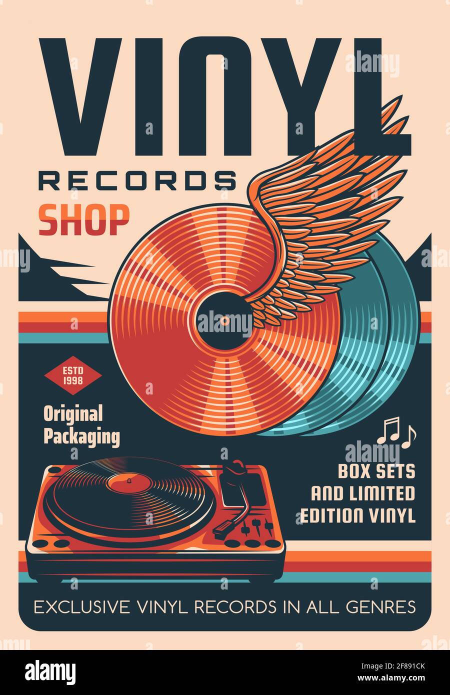Vinyl records shop vector retro poster. Winged vinyl discs, DJ records turntable. Old music records store, audiophile hobby shop promo banner with aud Stock Vector