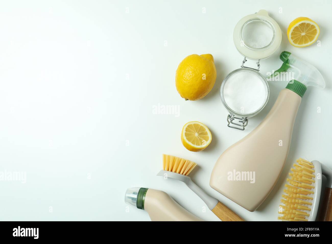 Cleaning concept with eco friendly cleaning tools on white background ...
