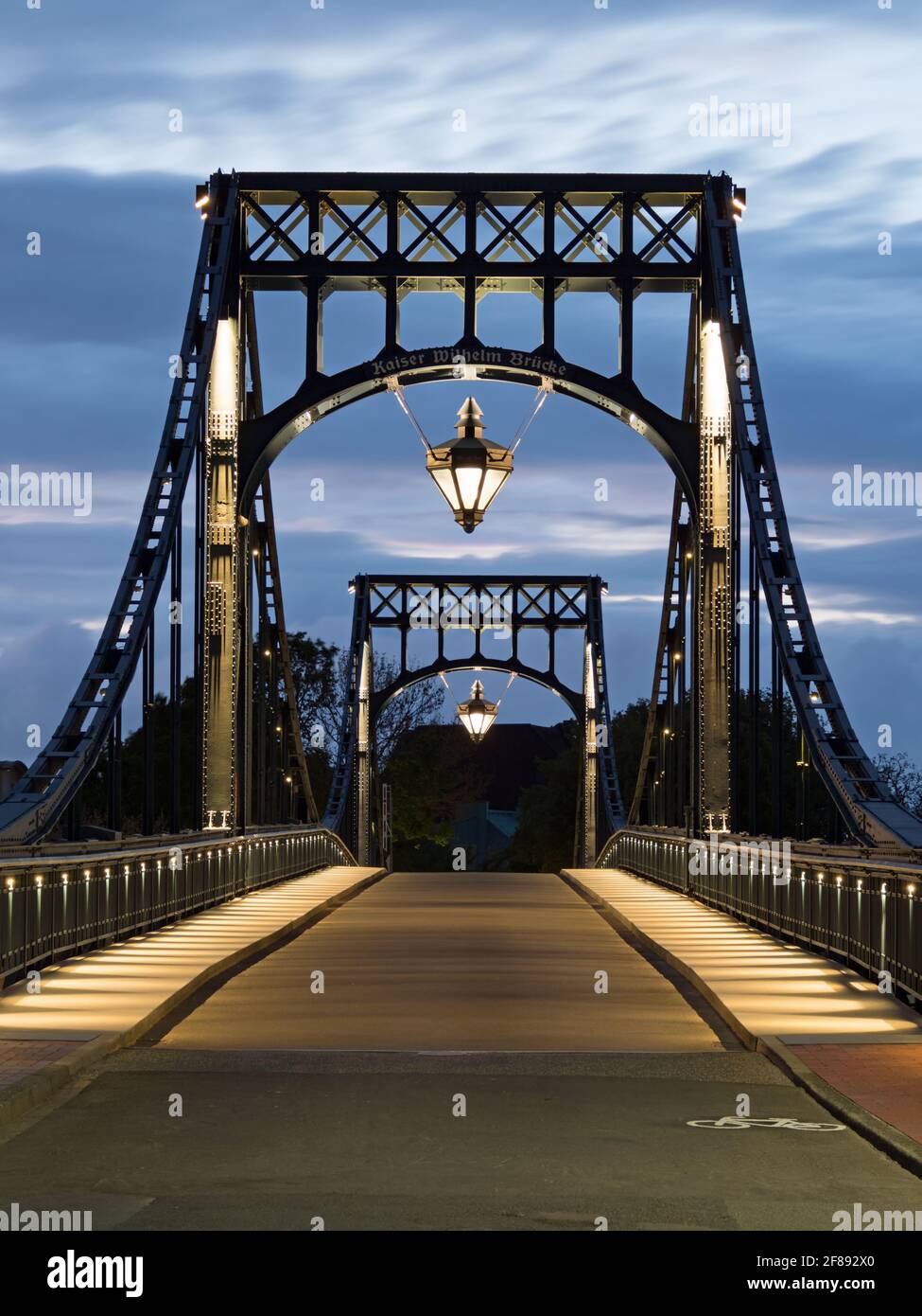 Kaiser Wilhelm bridge, landmark of city Wilhelmshaven, Germany, at Blue Hour Stock Photo