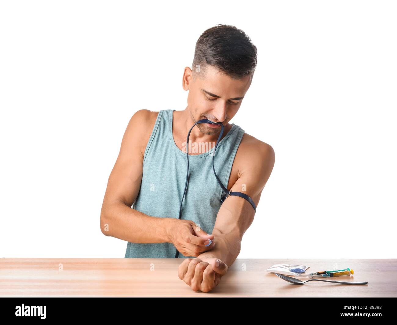 Male junkie making injection on white background Stock Photo Alamy