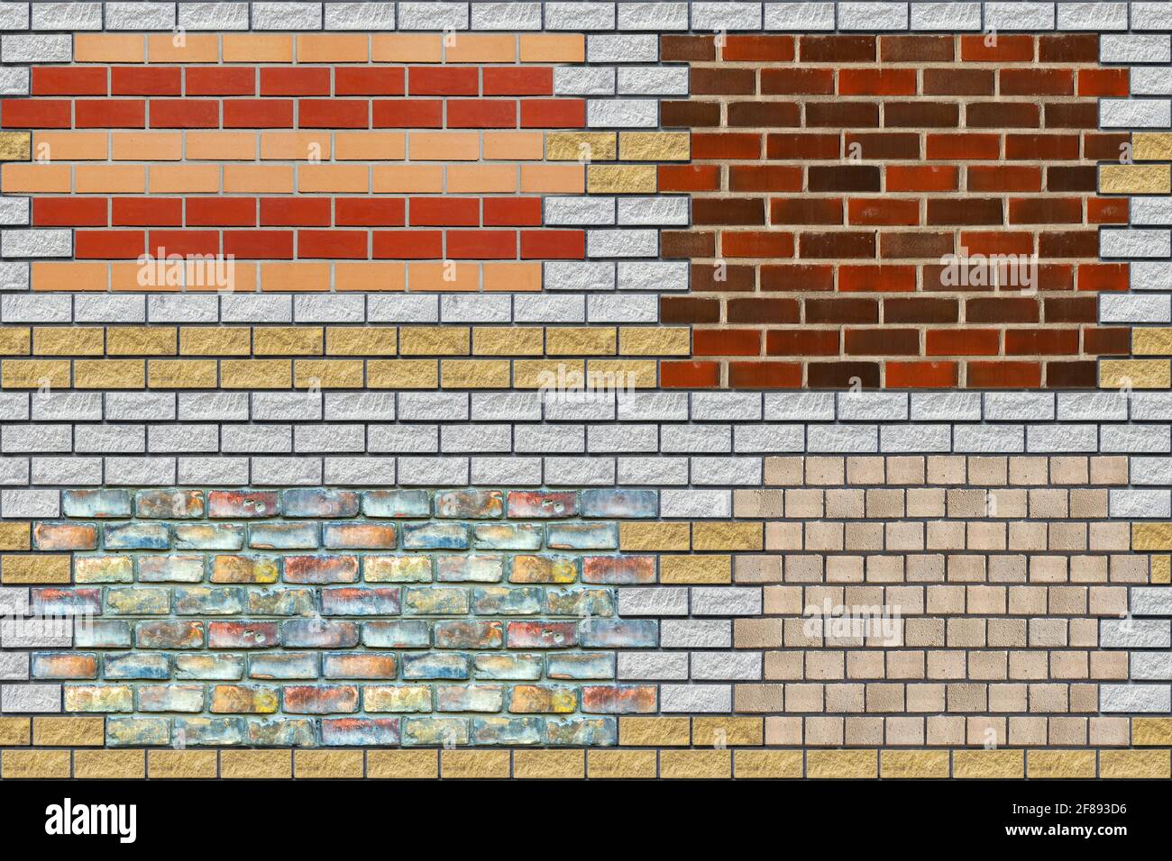 Combined pattern of bricks of different colors and shapes, for use as a