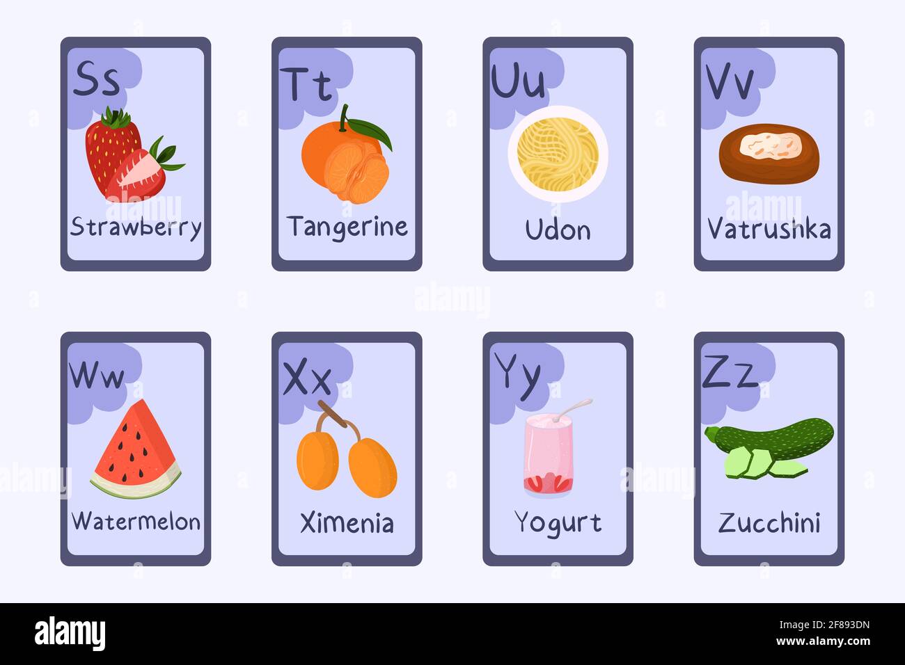 Colorful alphabet Letter S, T, U, V, W, X, Y, Z - strawberry, tangerine, udon, vatrushka, watermelon, ximenia, yogurt, zucchini. Stock Vector