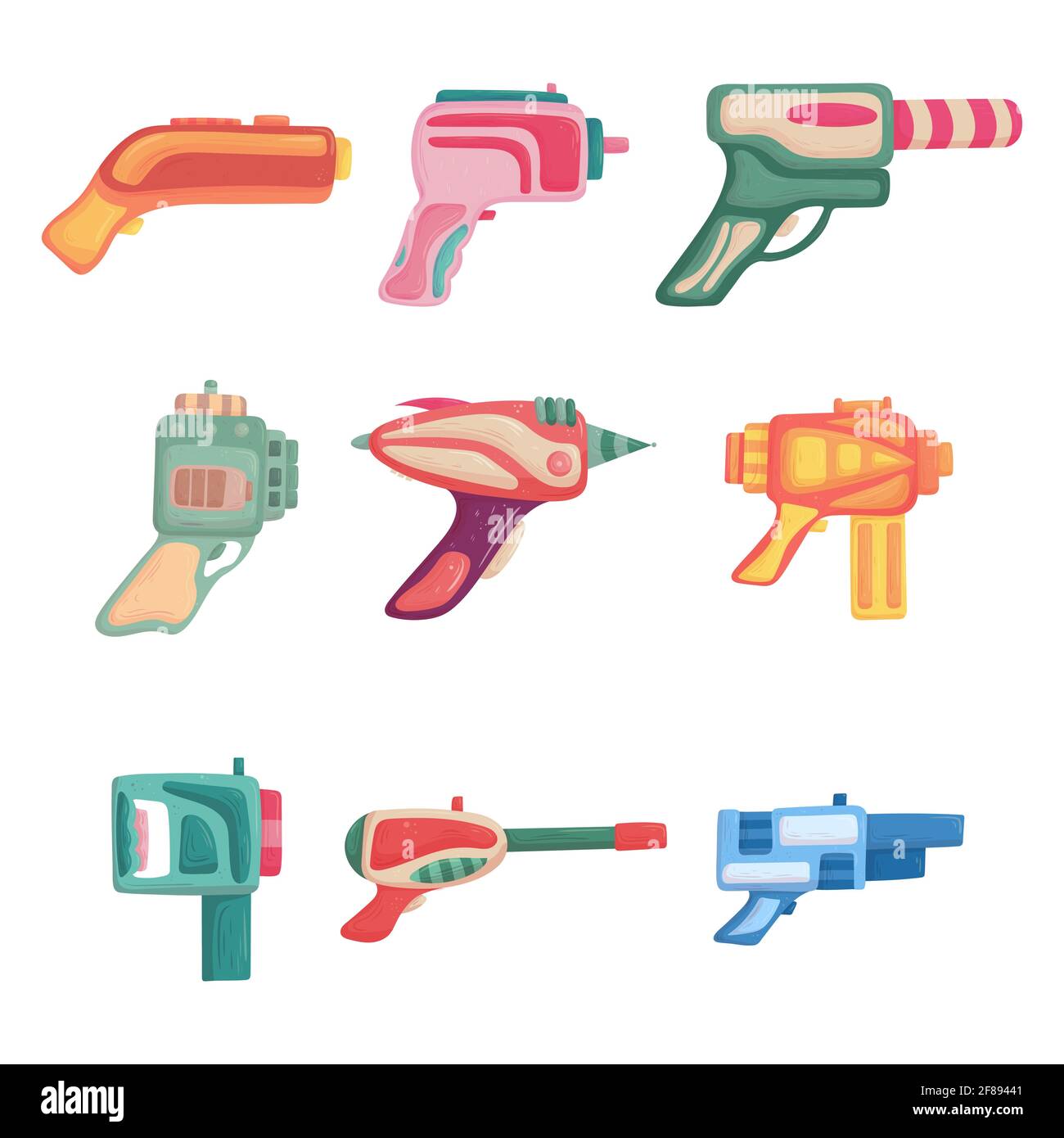 Blaster gun set in cartoon style on white background. Weapon collection