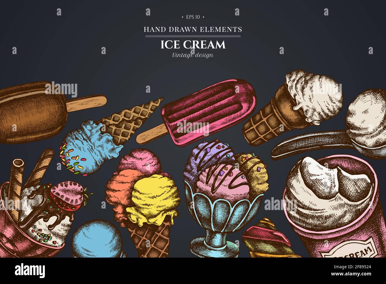 Design on dark background with ice cream bowls, ice cream bucket