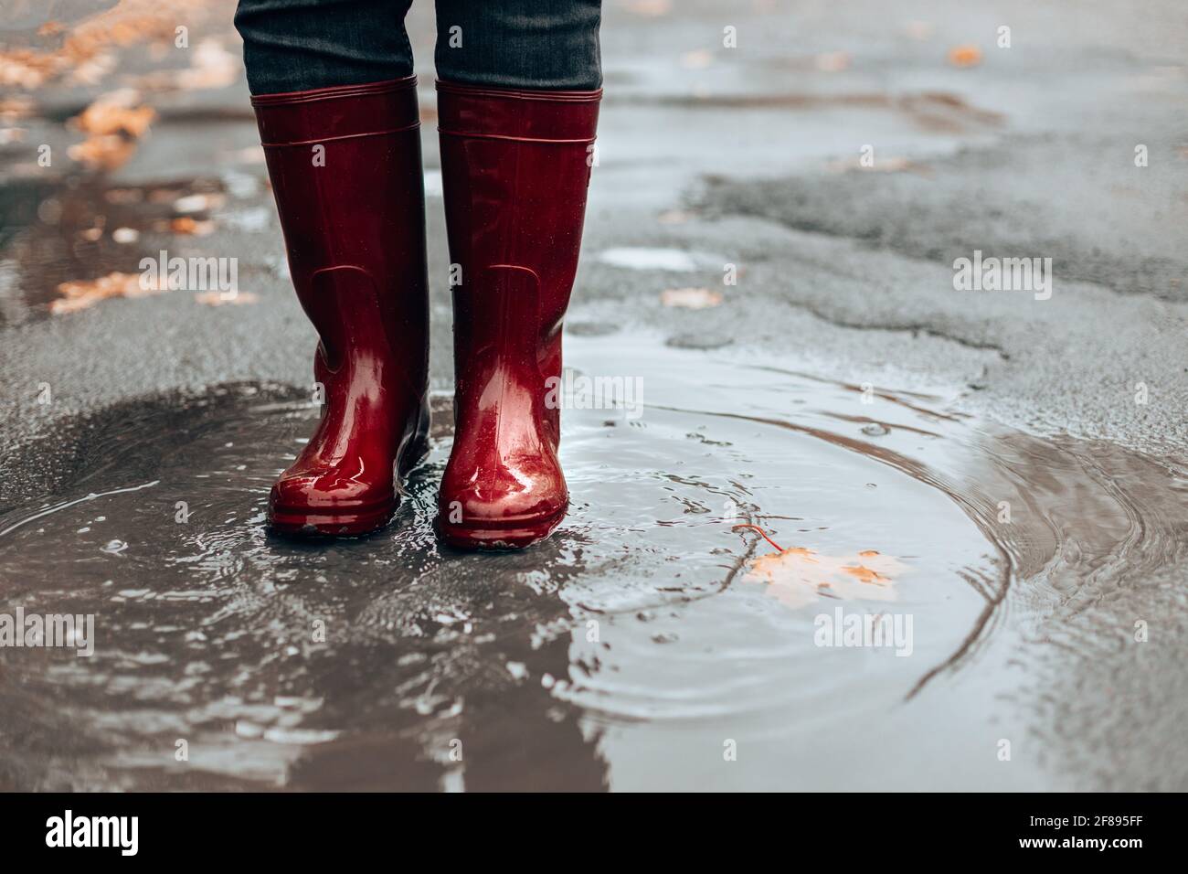 Woman with dark red rubber boots jumping in puddle, closeup. Rainy weather  Stock Photo - Alamy