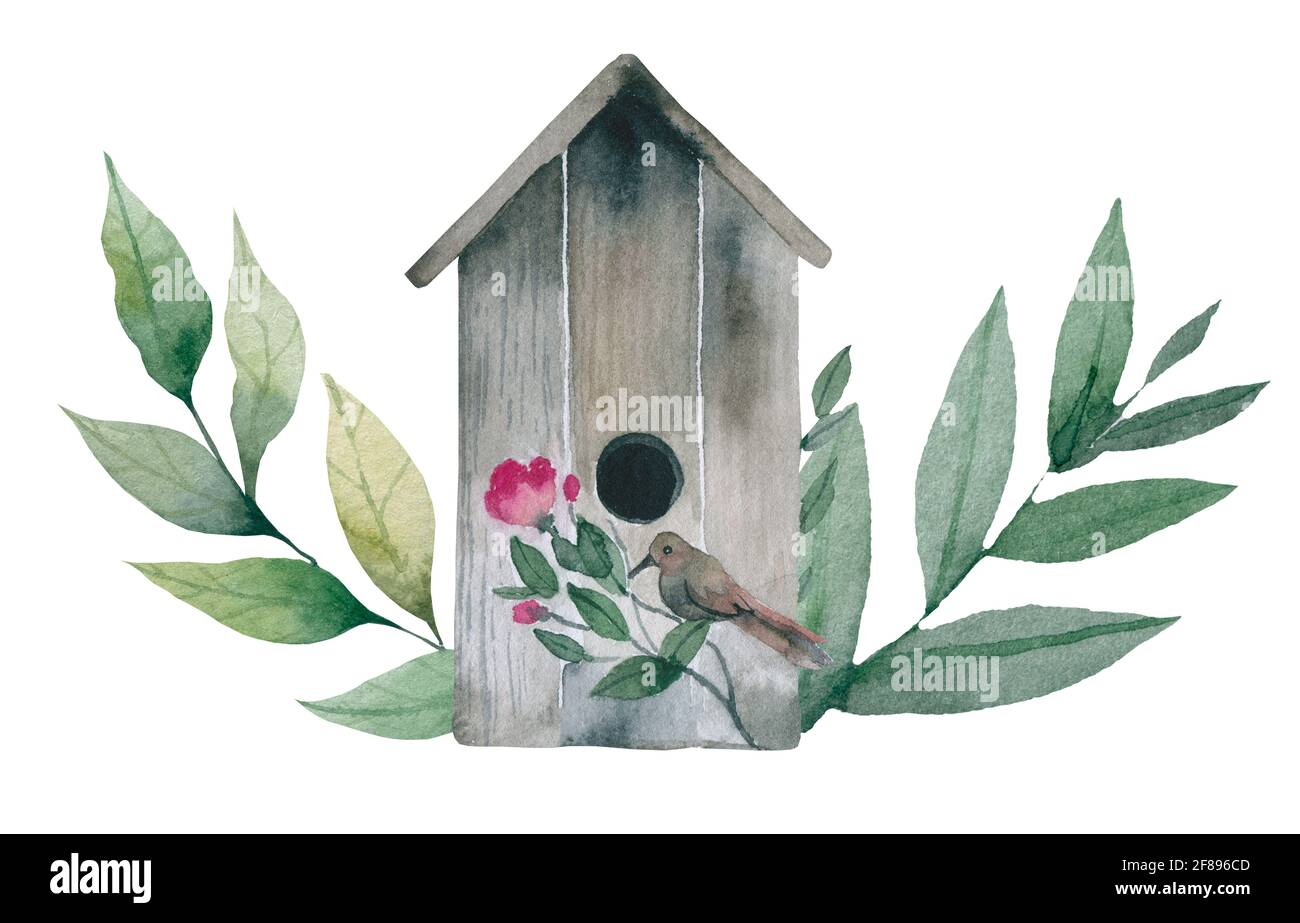 Birdhouse with flowers and birds. Wall sticker. Artistic, color, hand