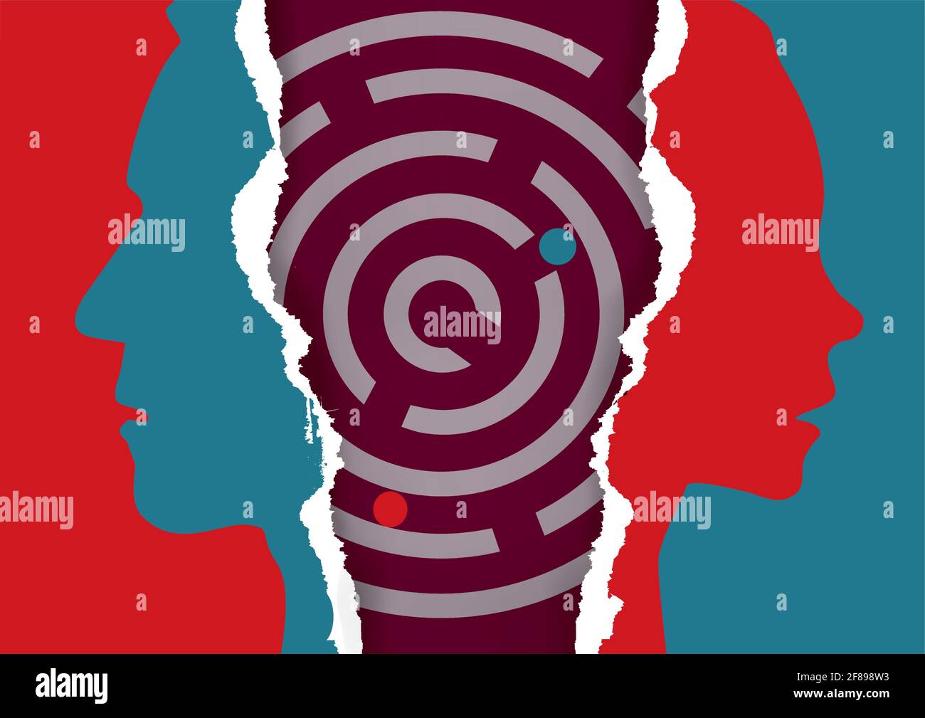 Divorced couple,labyrinth, searching comppromise in relationship. Stylized male and female silhouette on torn paper with maze. Vector available. Stock Vector