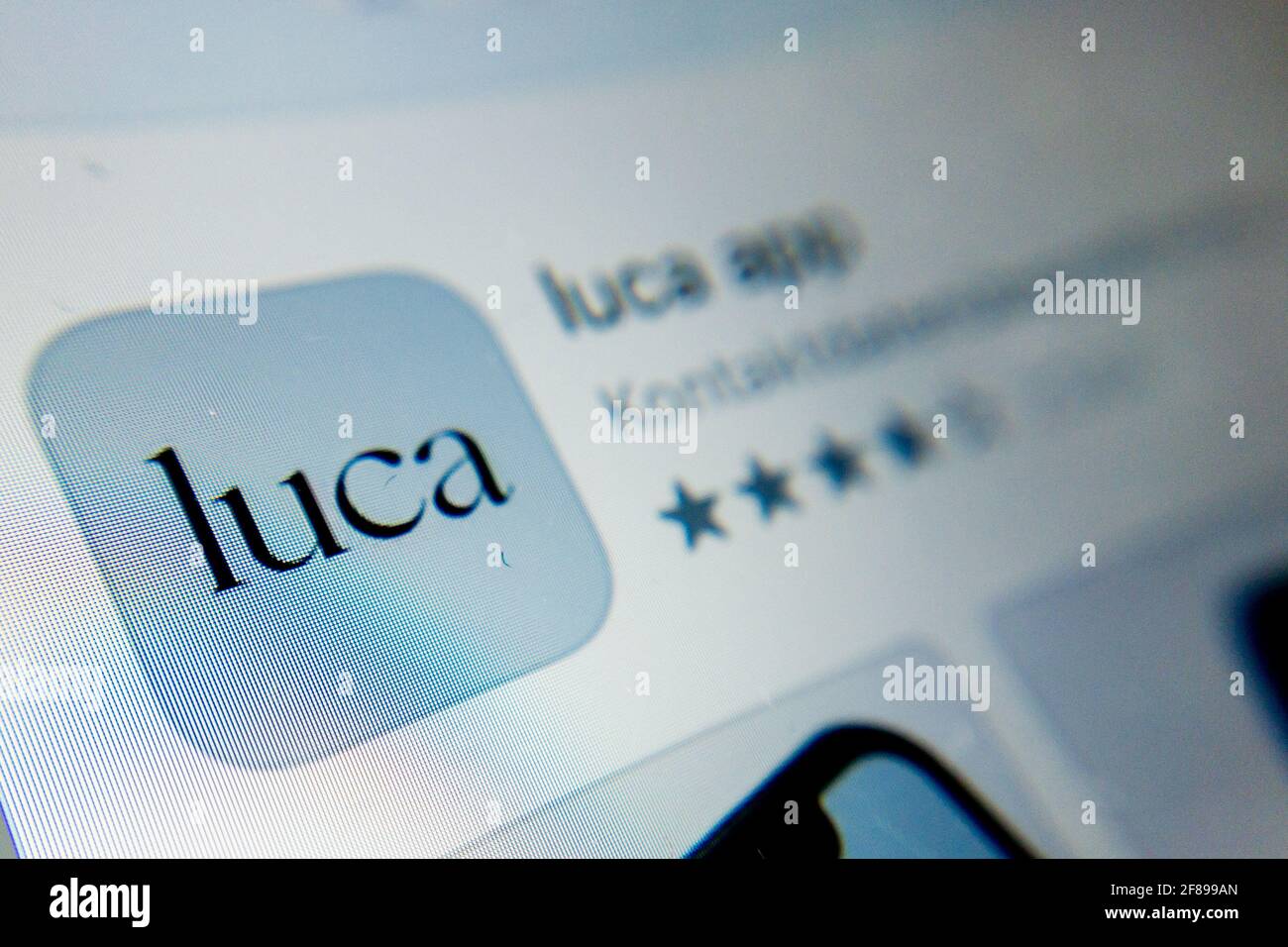 Berlin, Germany. 12th Apr, 2021. ILLUSTRATION - The Luca app icon can be seen on a smartphone. The app is used to provide data for possible contact tracing. Credit: Christoph Soeder/dpa/Alamy Live News Stock Photo