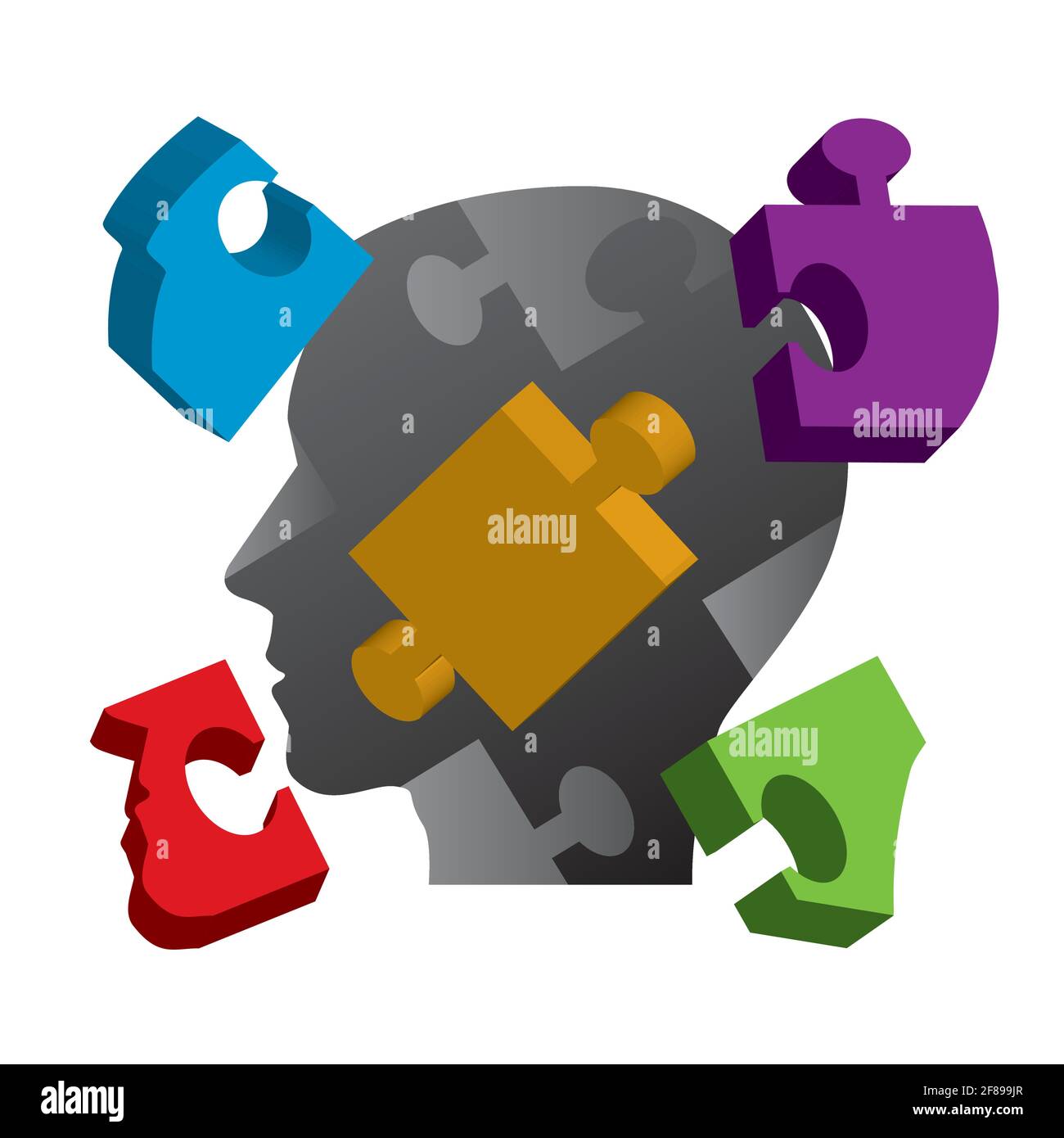 Young Man, head with puzzle, mental health concept. Stylized male  head silhouette with flying  3d pieces of puzzle, symbolizing logical solution. Stock Vector
