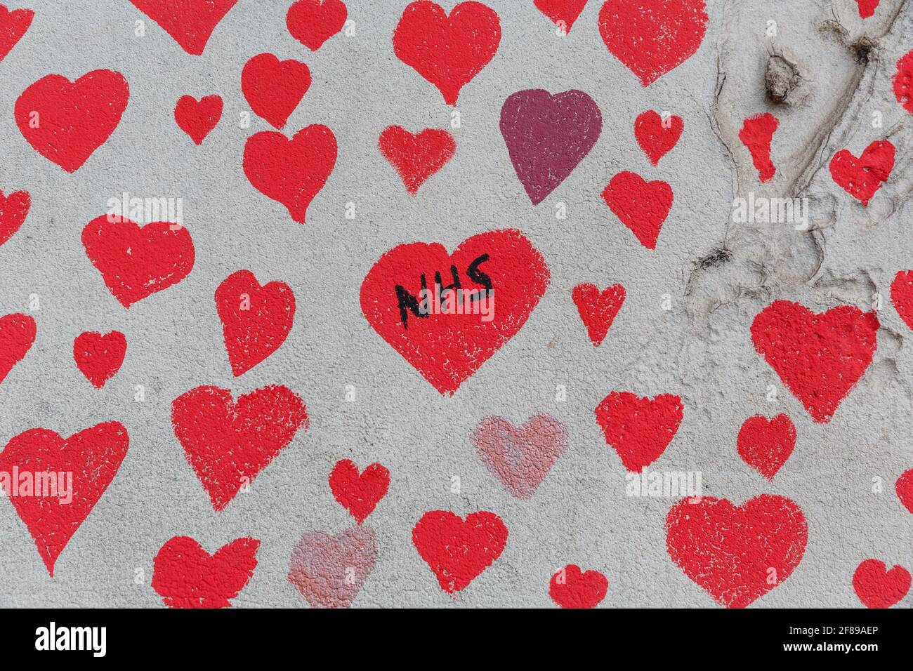 NHS frontline staff remembered in red hearts painted on the National Covid Memorial Wall, a tribute to the British victims of the Coronavirus pandemic Stock Photo