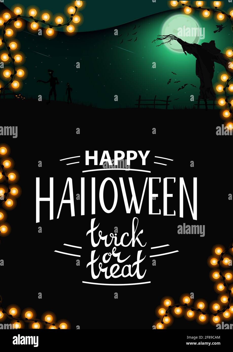Halloween background, vertical template for your creativity with night landscape with green full moon, zombie, witches and Scarecrow. Template with sp Stock Photo