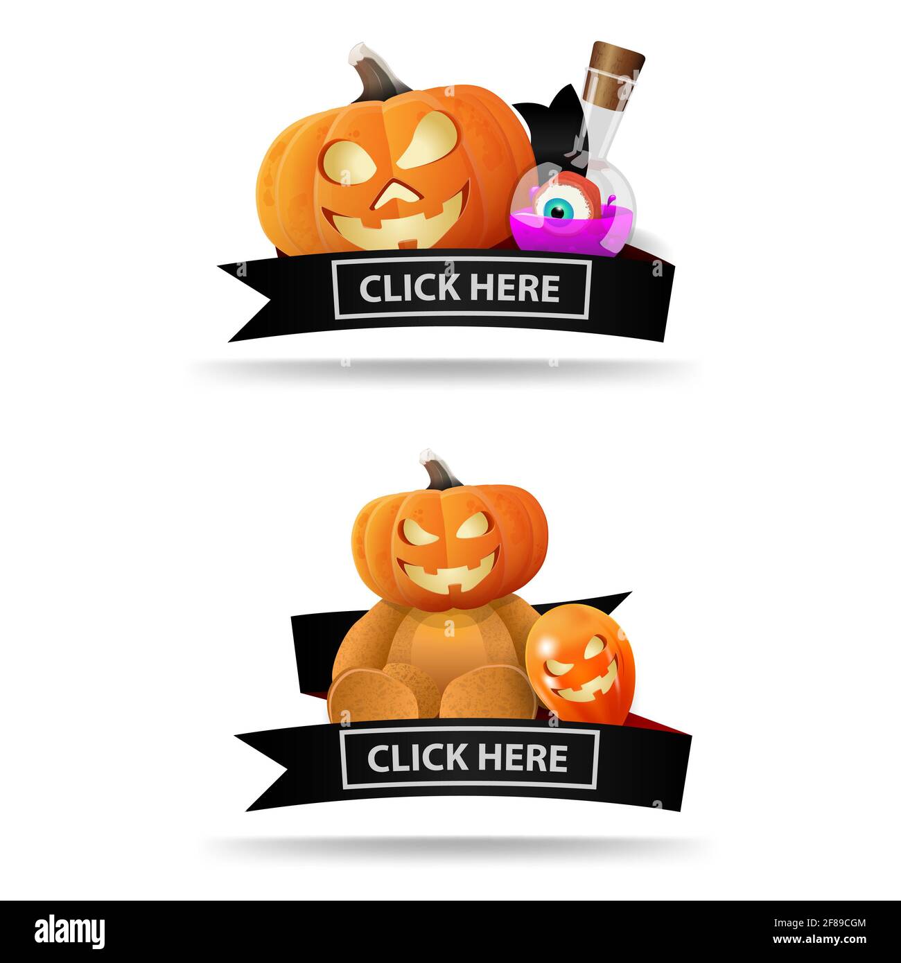 Two Halloween icons with black ribbons and click here buttons. Original icons-links for your business. Teddy bear with Jack pumpkin hea, pumpkin Jack Stock Photo