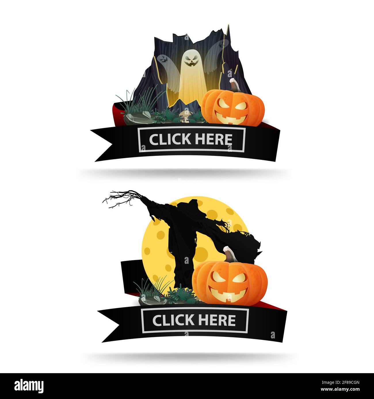 Two Halloween icons with black ribbons and click here buttons. Original icons-links for your business Stock Photo