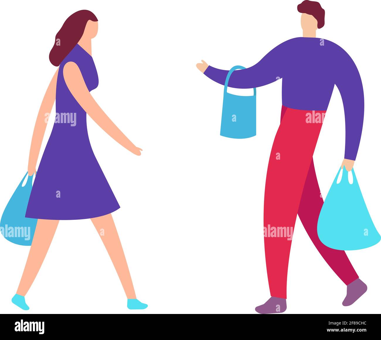 Young couple guy and girl have fun running in supermarket with shopping bags. Happy man and woman in store with purchases. Holiday sales shop retail Stock Vector