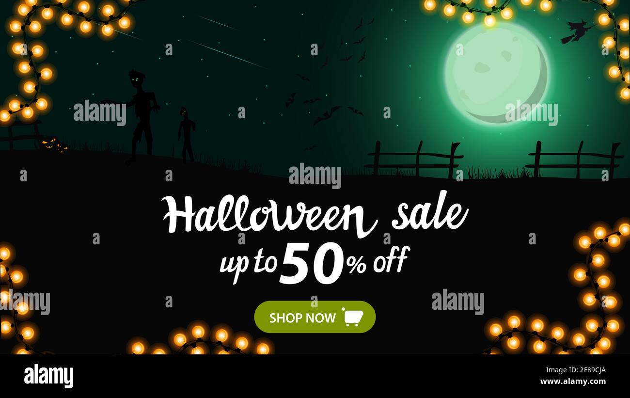 Halloween sale, up to 50 off, horizontal discount banner for your business with green night landscape with green full moon, zombie, witches and pumpki Stock Photo