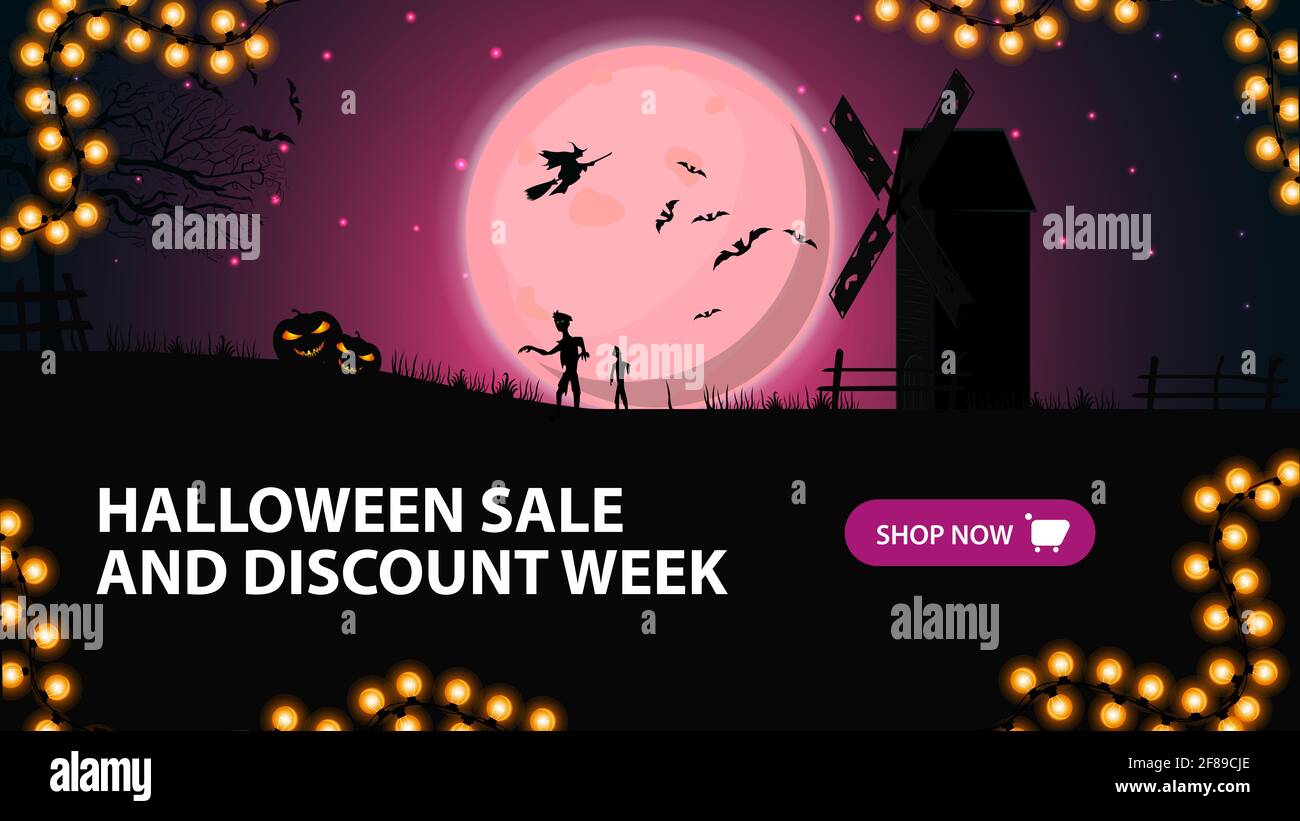Halloween sale and discount week, horizontal discount banner for your business with pink night landscape with full moon, old mill, witches and zombie. Stock Photo