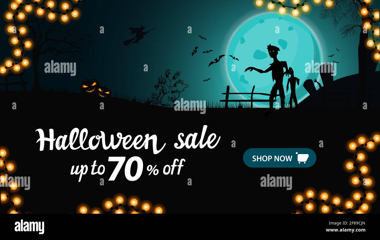 Halloween sale, up to 70 off, horizontal discount banner for your business with night landscape with big blue full moon, zombie and witches. Stock Photo