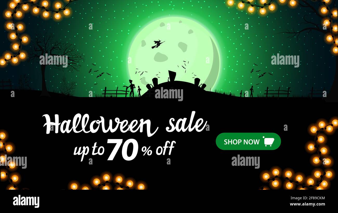 Halloween sale, up to 70 off, horizontal discount banner for your business with night landscape with big green full moon, cemetery, zombie and witches Stock Photo