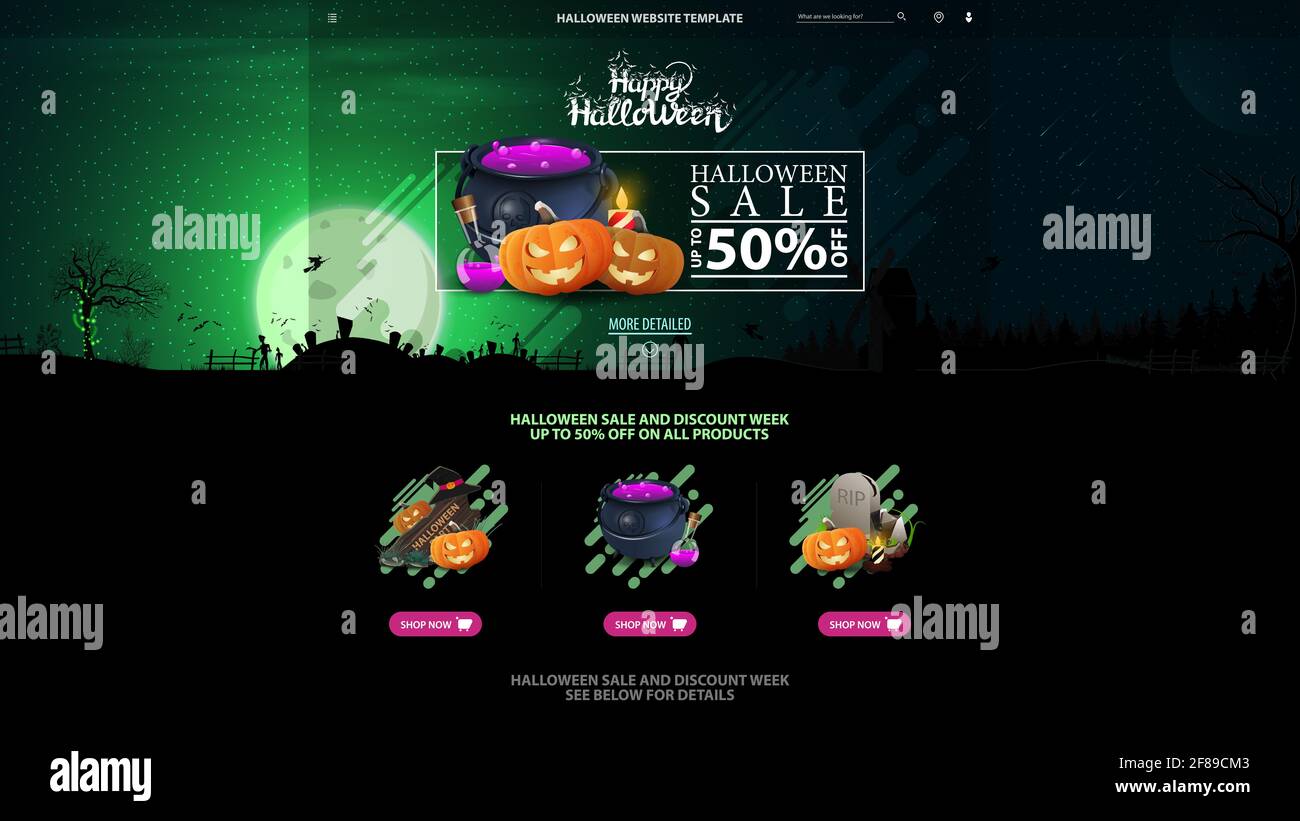 Halloween template for the web site with discount banner. Template with Halloween background. Full green moon, dark forest, cemetery, zombie, witches, Stock Photo
