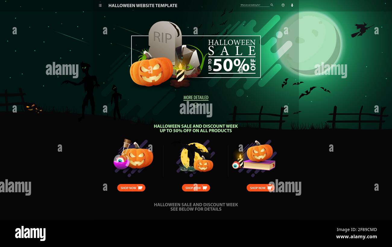 Halloween template for the web site with discount banner. Template with Halloween background. Full green moon, zombie, witches and bats Stock Photo