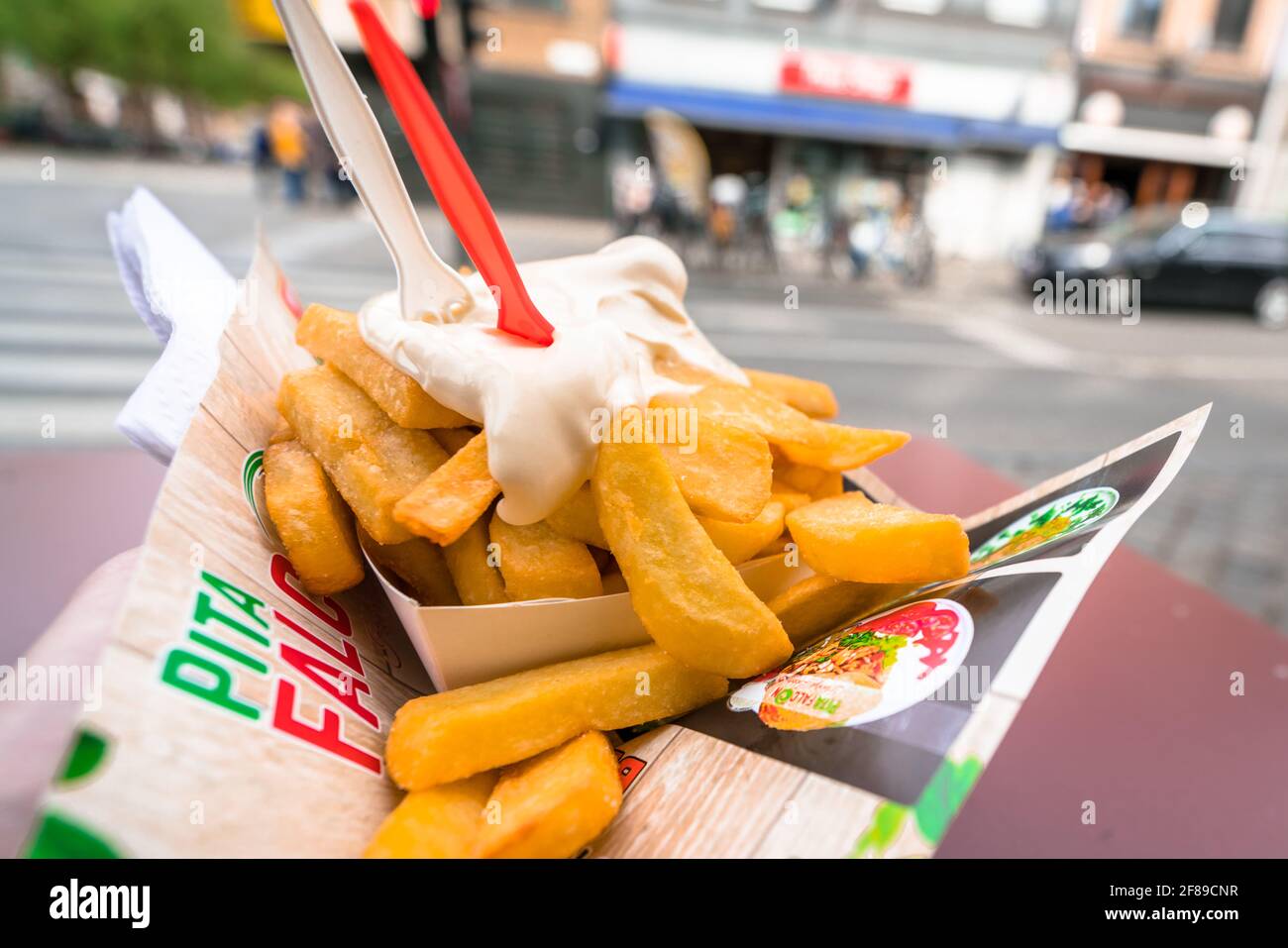 Antwerp Belgium 04 29 2018 Traditional Belgian Fries Served On Antwerp Belgium 04 29 2018 Traditional Belgian Fries Served On