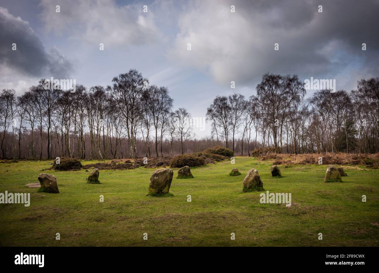 The Nine Ladies Stone Circle on Stanton Moor in the Peak District National park, Derbyshire, UK Stock Photo