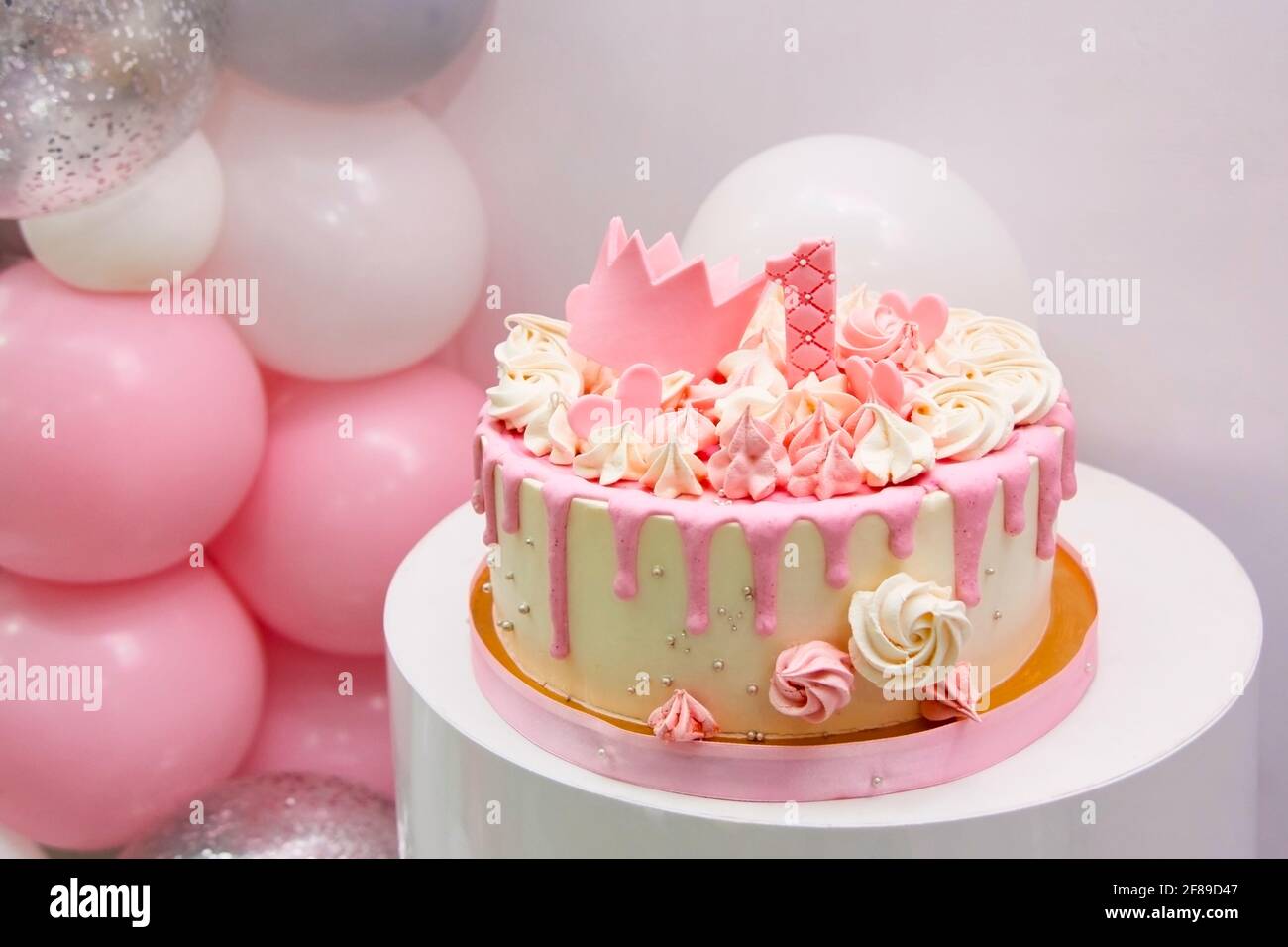 Close Up View Of Birthday Cake 1 Year Sweet Pink Cake With Decor For Girl A Princess Gold Crown And Number 1 On White Background With Place For Text Stock Photo Alamy