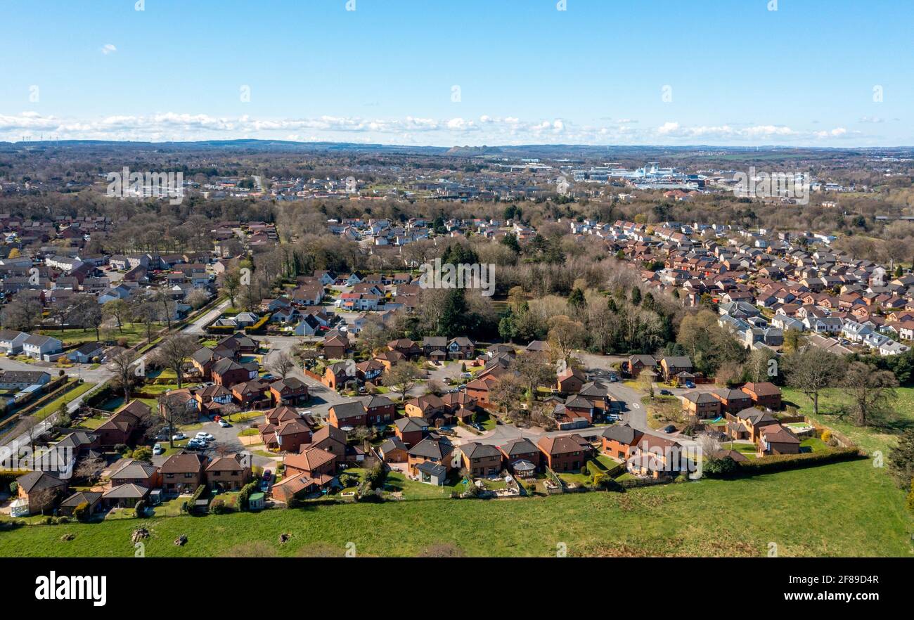 Aerial view of a modern housing estate, Mid Calder village, West