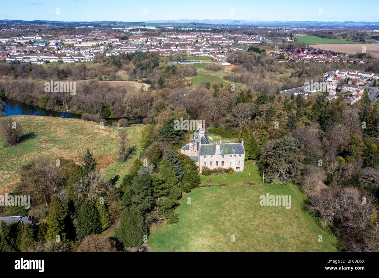 Aerial view of Calder House, Mid Calder, West Lothian, Scotland, UK